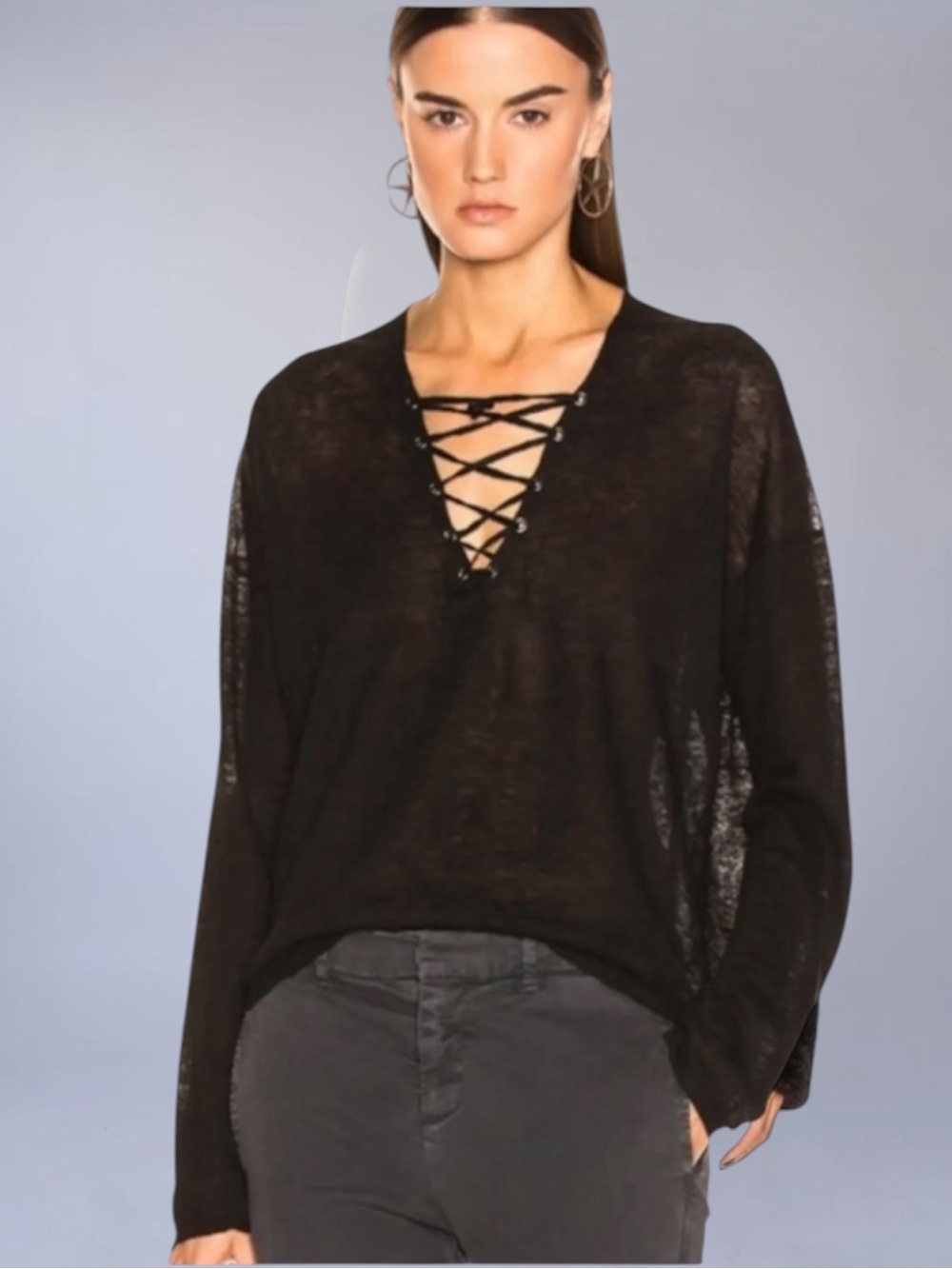 New! NILI LOTAN Arabella Black Lace Up Linen Sweater Size XS